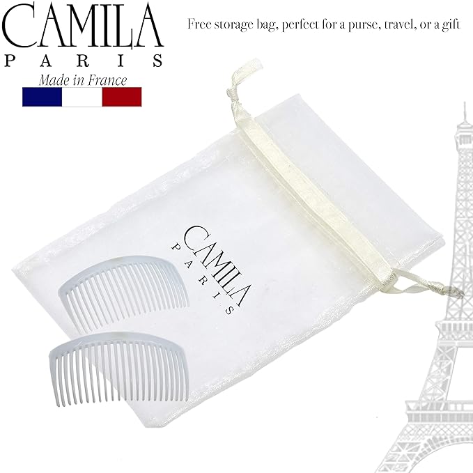 Camila Paris CP3024 French Side Combs Large Curved, White French Twist Hair Combs Decorative, Strong Hold Hair Clips for Women Bun Chignon Up-Do, No Slip Styling Girls Hair Accessories, Made in France