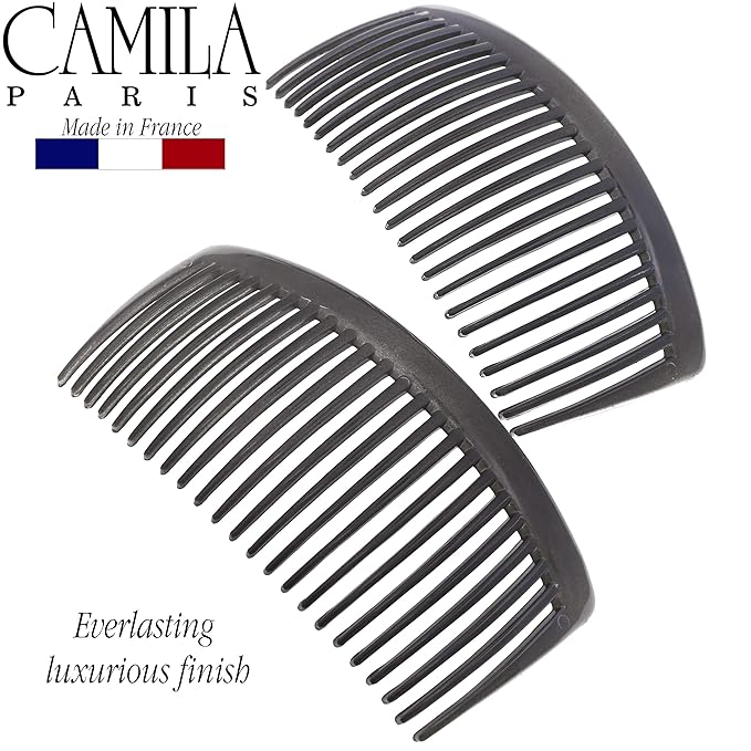 Camila Paris CP3023 French Side Combs Large Curved, Gray French Twist Hair Combs Decorative, Strong Hold Hair Clips for Women Bun Chignon Up-Do, No Slip Styling Girls Hair Accessories, Made in France