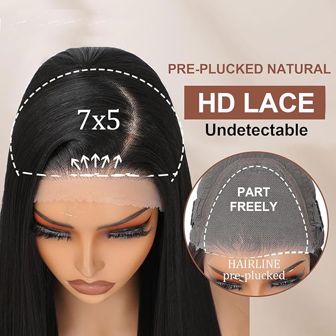 Synthetic Lace Front Wig 7x5 Glueless Wig HD Lace Front Wig for Women Pre-Plucked Ready to Wear Wigs Beginner Friendly Natural Black 26inch