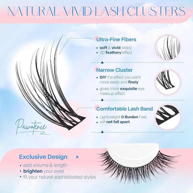 Pawotence Lash Clusters Kit Wispy Lash Extension Kit Natural 180pcs Cluster Eyelash Extensions Kit Individual Lashes 8-16mm Eyelash Clusters Kit with Lash Cluster Bond Seal and Lash Tweezers