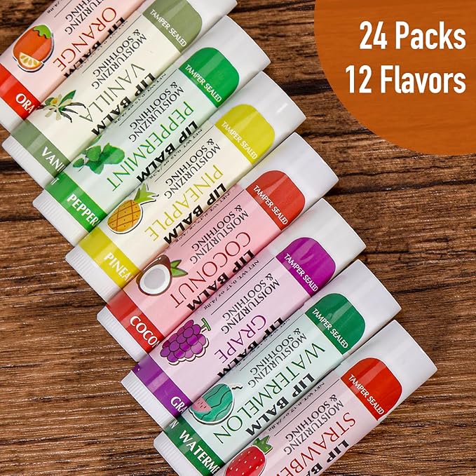 AZEN 24 Pack Lip Balm, Natural Lip Balm Bulk, Moisturizing Lip Balms for dry cracked lips