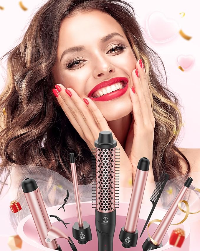 ANIEKIN 5 in 1 Curling Iron Set, Fast Heat Up Curling Wand from 3/8 to 1 1/4 Inch and a Thermal Brush Come with, Dual Voltage Hair Curler for Women All Hair Types and Travel Use, Gifts for Women
