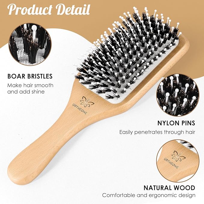 Hair Brush,Boar Bristle Hair Brushes and Styling Comb Set for Women Men Kids, Best Natural Wooden Paddle Hairbrush for Wet or Dry Hair Detangling Smoothing Massaging