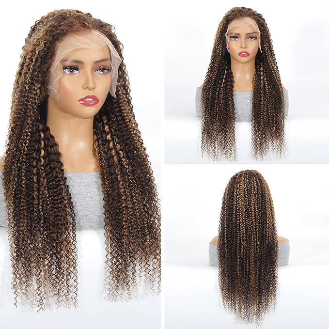 Honey Blonde Ombre 30 Inch Lace Front Wig Human Hair 13X6 Highlight Deep Wave Curly Human Hair Wig 4/27 Colored Deep Wave HD Lace Front Wigs Human Hair Pre Plucked with Baby Hair 180% Density