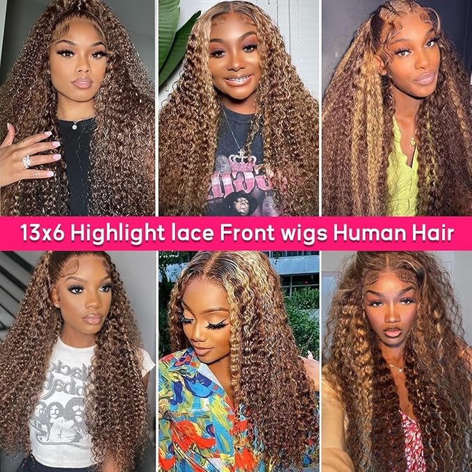 13x6 Highlight Deep Wave Lace Front Wigs Human Hair Ombre 4/27 HD Transparent Lace Frontal Wig Pre Plucked with Baby Hair Honey Blonde Curly Human Hair Wig for Black Women 24 Inch