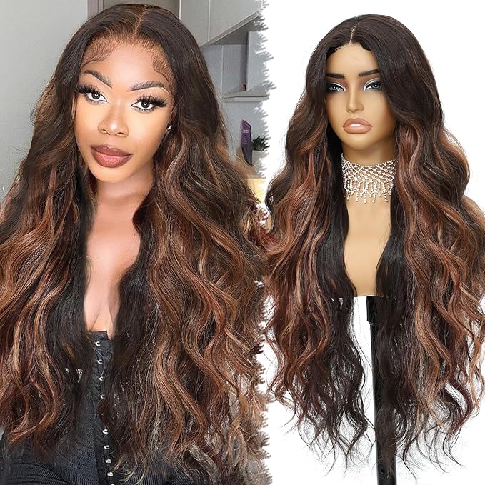 Balayage Brown 4x1 Pre Cut Lace Synthetic Lace Front Wig with Baby Hair Heat Friendly Body Wave Ombre Wig for Women 30 Inch Glueless Ready to Wear Synthetic Hair