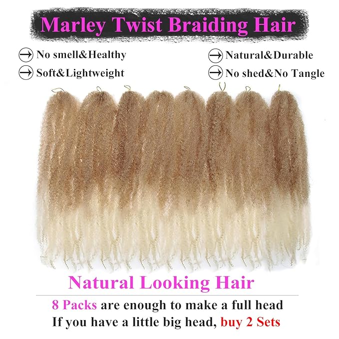 Marley Twist Braiding Hair 18 Inch 8 Packs โ Long-Lasting Marley Hair, Fluffy&Tangle-Free Cuban Twist Hair for Braiding, Natural Look Synthetic Spring Afro Kinky Twist Hair Extensions (27/613)