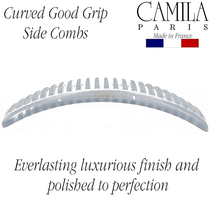 Camila Paris CP2911 French Side Combs Large Curved, Clear French Twist Hair Combs Decorative, Strong Hold Hair Clips for Women Bun Chignon Up-Do, No Slip Styling Girls Hair Accessories, Made in France