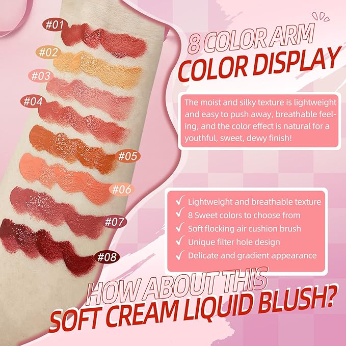 Liquid Blush for Cheeks, Soft Cream Blush with Cushion Applicator, Dewy Finish Matte Velvet Texture, High-Pigmented Blendable, Long-Wearing Rubor Makeup | #07 ELEGANT-Deep Rose
