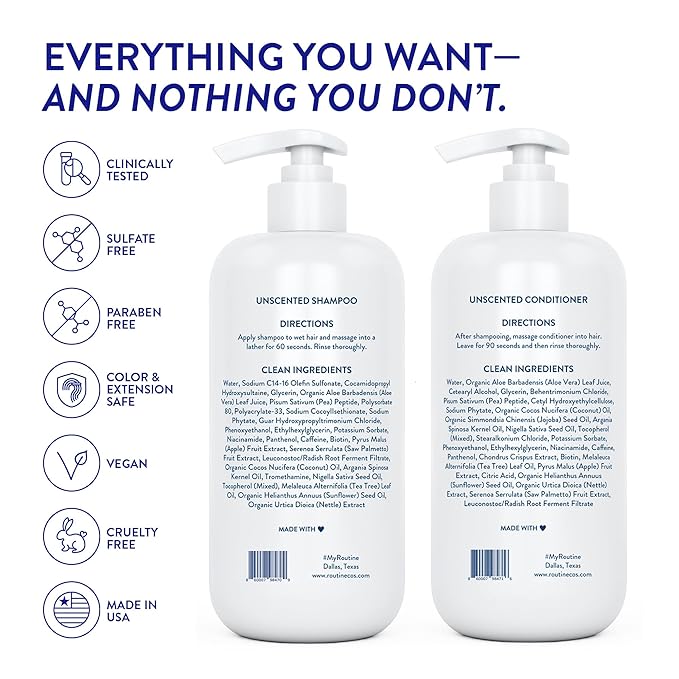 Routine Wellness Shampoo and Conditioner Set and Hair Serum for Thinning Hair - DHT Blocker Women & Men - Color Safe Shampoo for Hair Loss & Healthier Hair - Unscented Set + Serum