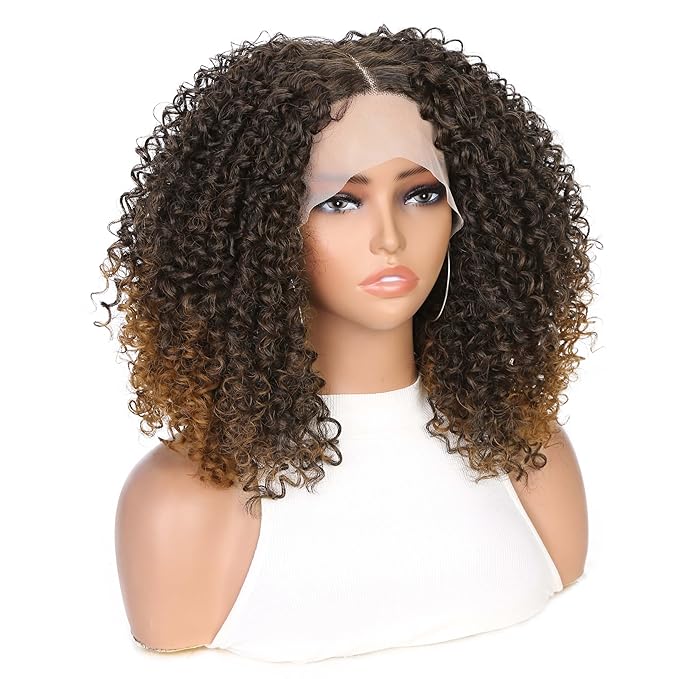 quickwig Curly Lace Front Wigs Short Kinky Curly Wig 13×4×1 HD Glueless Lace Curly Wig Ombre Brown Synthetic Lace Wigs for Women Deep Wave Hair (2/30)