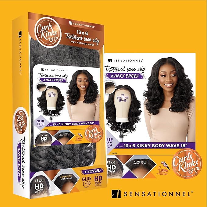 Sensationnel Curls Kinksandco Kinkyedges Wig - Kinky Body Wave 18 Inch 13X6 Lace Frontal Natural Kinkytexture Edged Hairline for Natural 3C to 4C Hair Textures (BALAYAGECHOCOLATE)