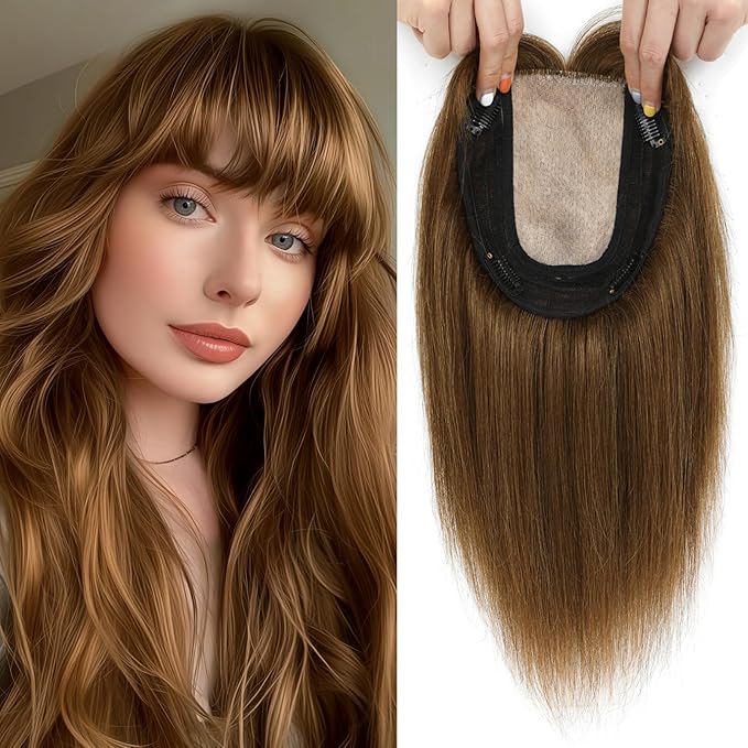 Hair Toppers for Women Real Human Hair, 360° 3D Toppers Pieces for Women with Thinning Crown Wispy Bangs 12 Inch Upgrade Big Basement (Light Brown, 12 Inch Wispy Bangs)