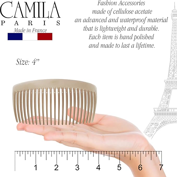 Camila Paris CP2912 French Side Combs Large Curved, Nude French Twist Hair Combs Decorative, Strong Hold Hair Clips for Women Bun Chignon Up-Do, No Slip Styling Girls Hair Accessories, Made in France