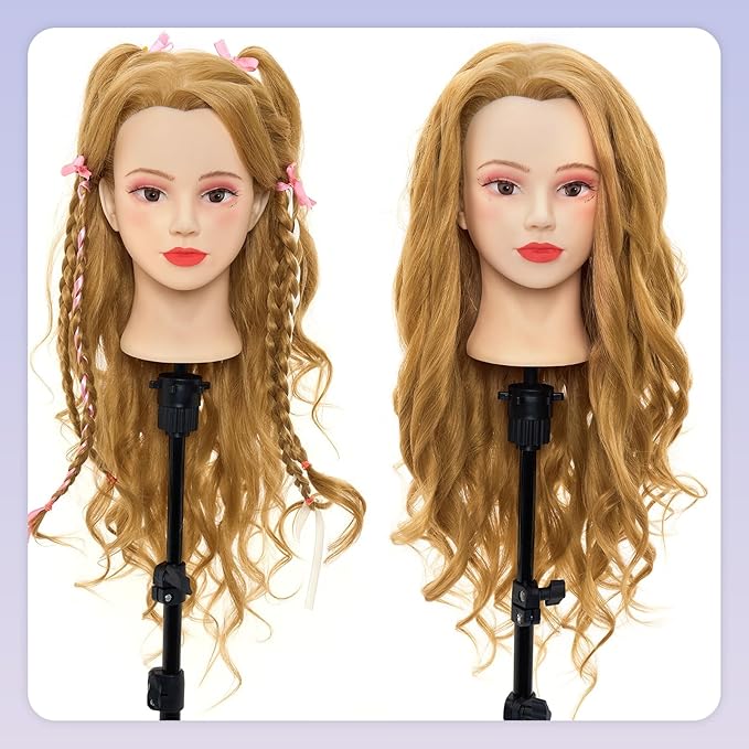 Neverland Beauty Mannequin Head with 60% Real Human Hair, 26 Inch Makeup Cosmetology Mannequin Doll Head for Hair Styling, Training Practice Braiding Manikin Head with False Eyelashes Hair Styling Set