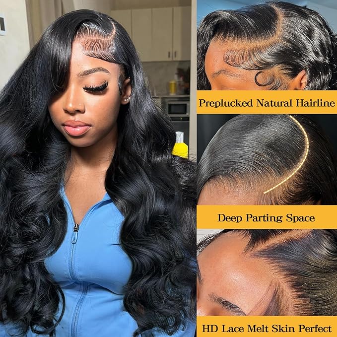 13x6 Full Frontal HD Lace Wig 0.11mm Ultra-thin Invisible HD Lace Front Wigs Human Hair Pre Plucked Bleached Knots 180% Density Body Wave Wigs For Women 26 Inch