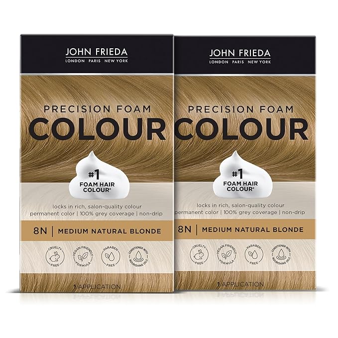 John Frieda Precision Foam Colour, Medium Natural Blonde 8N, Full-coverage Hair Color Kit, Anti-Fade Gray Coverage, Deep Color Saturation Hair Dye, Pack of 2