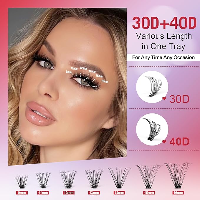 Pawotence Lash Extension Kit Individual Lash Clusters Kit 9-16mm 30D 40D Cluster Eyelash Extensions Kit with Lash Bond and Seal, Lash Tweezers for Self Use (30D&40D, 0.07D, 9-16mm, Portable Kit)