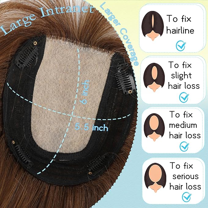 Hair Toppers for Women Real Human Hair, 360° 3D Toppers Pieces for Women with Thinning Crown Wispy Bangs 12 Inch Upgrade Big Basement (Light Brown, 12 Inch Wispy Bangs)
