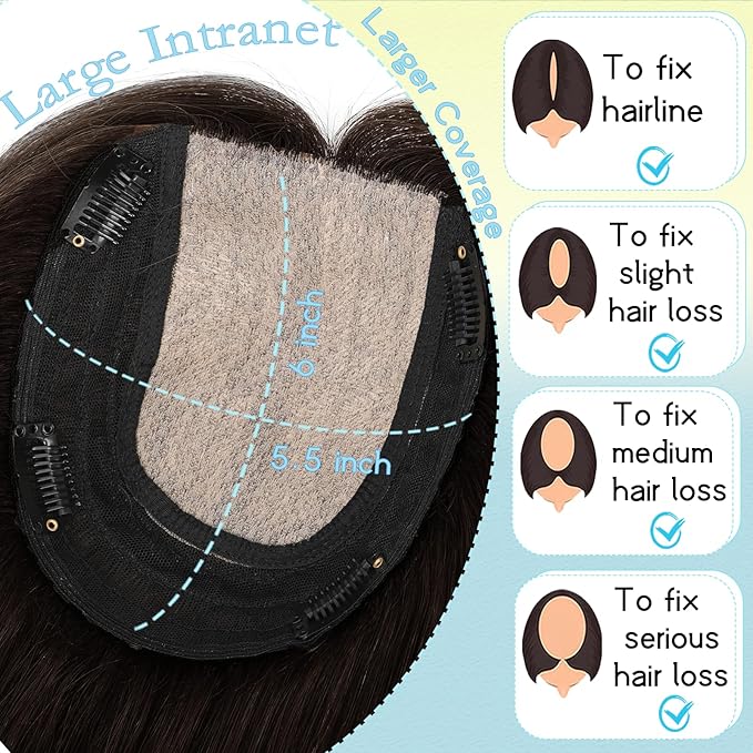Hair Toppers for Women Real Human Hair, 360° 3D Toppers Pieces for Women with Thinning Crown Side Bangs 12 Inch Upgrade Big Basement (Dark Brown, 12 Inch Side Bangs)