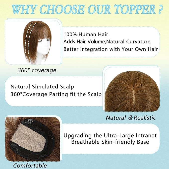 Hair Toppers for Women Real Human Hair, 360° 3D Toppers Pieces for Women with Thinning Crown Wispy Bangs 12 Inch Upgrade Big Basement (Light Brown, 12 Inch Wispy Bangs)
