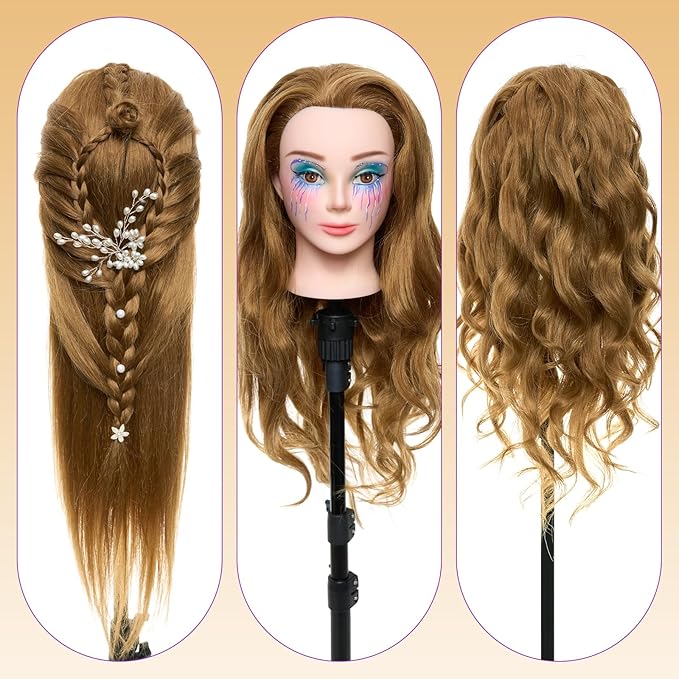 Neverland Beauty Mannequin Head with 80% Real Human Hair with Tripod Stand, 26 Inch Makeup Hairdressing Training Head Braiding Mannequin Head Manikin Styling Head Cosmetology Practice Doll Head