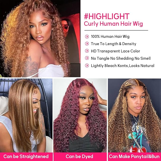 13x6 Highlight Deep Wave Lace Front Wigs Human Hair Ombre 4/27 HD Transparent Lace Frontal Wig Pre Plucked with Baby Hair Honey Blonde Curly Human Hair Wig for Black Women 24 Inch
