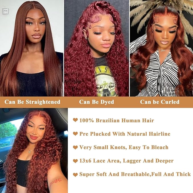 13x6 Bob Wig Human Hair Reddish Brown Water Wave HD Lace Front Wigs Human Hair Pre Plucked 180% Density Glueless Frontal Wigs Human Hair Bleached Knots Color #35 Short Curly Bob Wigs for Women 12 Inch