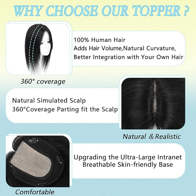 Hair Toppers for Women Real Human Hair, 360° 3D Toppers Pieces for Women with Thinning Crown Side Bangs 12 Inch Upgrade Big Basement (Dark Brown, 12 Inch Side Bangs)