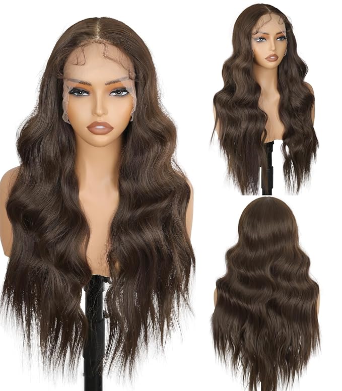 13x4 Synthetic Lace Front Wig Long Wavy Dark Brown Wig with Realistic Hairline 26 inch Pre Plucked Body Wave Lace Wig for Daily Party Use