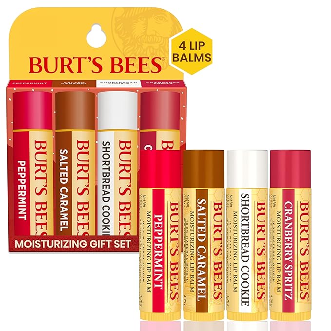 Burt's Bees Lip Balm, 100% Natural Origin, Peppermint, Salted Caramel, Shortbread Cookie and Cranberry Spritz Moisturizing Lip Balms (4-Pack)