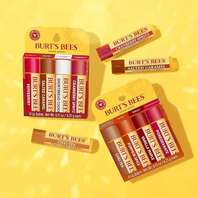 Burt's Bees Lip Balm, 100% Natural Origin, Peppermint, Salted Caramel, Shortbread Cookie and Cranberry Spritz Moisturizing Lip Balms (4-Pack)