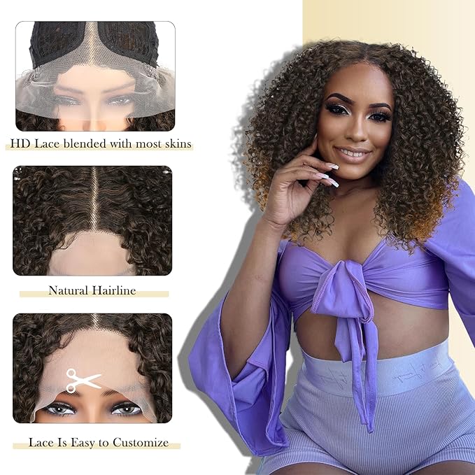 quickwig Curly Lace Front Wigs Short Kinky Curly Wig 13×4×1 HD Glueless Lace Curly Wig Ombre Brown Synthetic Lace Wigs for Women Deep Wave Hair (2/30)