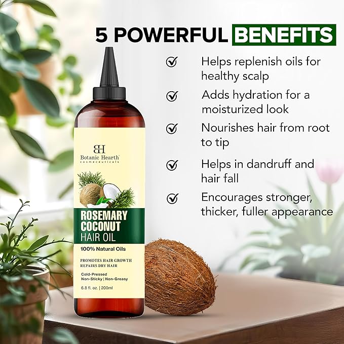 Botanic Hearth Rosemary, Coconut & Avocado Hair Oil with Biotin (6.7 fl oz) | Nourishing Hair Growth & Strengthening Formula | Promotes Healthy, Shiny Hair | Suitable for All Hair Types