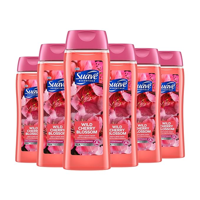 Suave Moisturizing Body Wash, with Wild Cherry Blossom and Vitamin E Extract, No Parabens, No Phtahaltes, 18 Oz Pack of 6