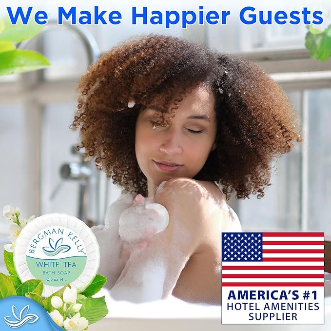BERGMAN KELLY - Hotel Soap Bars - White Tea, 1 oz, 100 PK - Travel Size Luxury Bulk Amenities Bar Soap, Mini Individually Wrapped Round Soap - Small Toiletries for Airbnb, Motel, Guest Bathroom