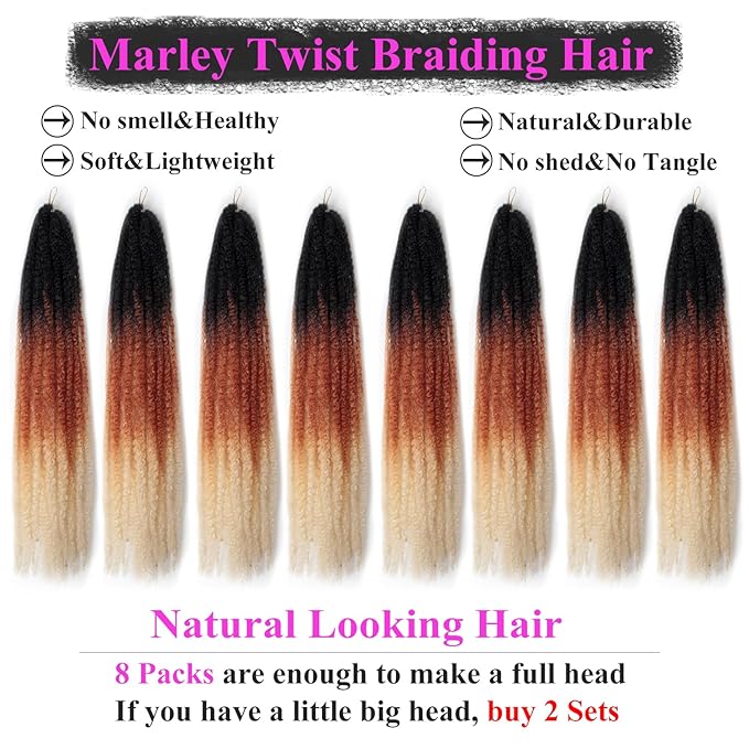 Marley Twist Braiding Hair 24 Inch 8 Packs โ Long-Lasting Marley Hair, Fluffy&Tangle-Free Cuban Twist Hair for Braiding, Natural Look Synthetic Spring Afro Kinky Twist Hair Extensions (T1B/30/613)