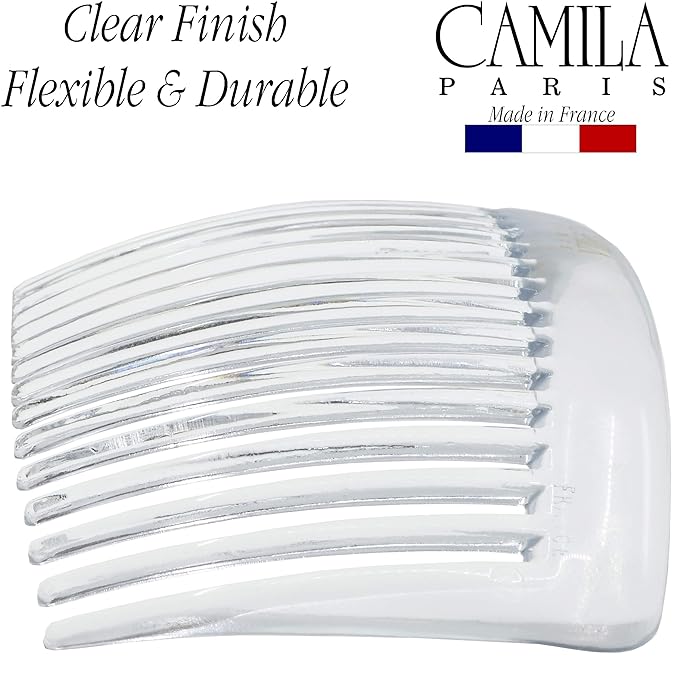 Camila Paris CP2911 French Side Combs Large Curved, Clear French Twist Hair Combs Decorative, Strong Hold Hair Clips for Women Bun Chignon Up-Do, No Slip Styling Girls Hair Accessories, Made in France