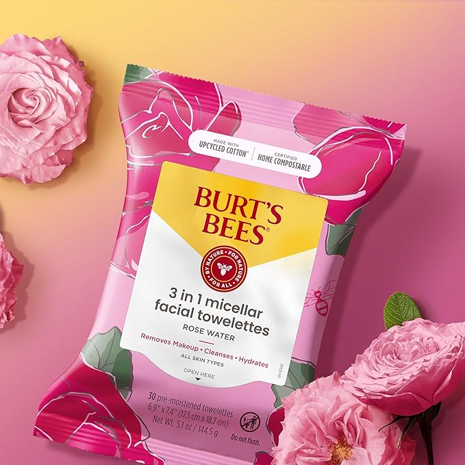 Burt's Bees Rose Water Face Wipes, for All Skin Types, Hydrating Micellar Makeup Remover & Facial Cleansing Towelettes, 30 Ct (3-Pack)
