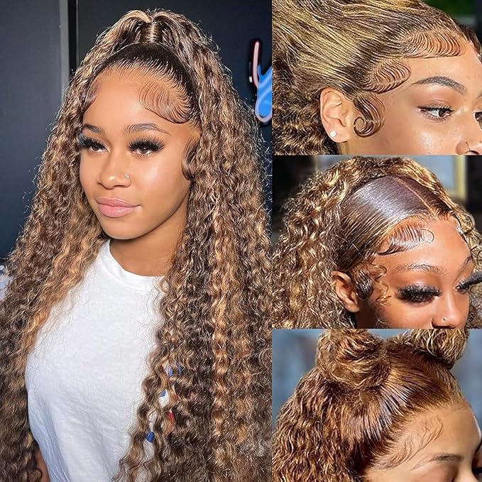 CHEETAHBEAUTY #4/27 Ombre Highlight Deep Wave 13X6 HD Transparent Lace Front Wigs Human Hair Brazilian Deep Curly Wigs for Black Women Pre Plucked with Baby Hair 250% Density(24inch)