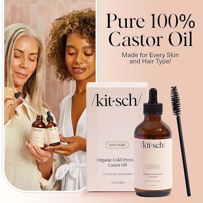 Kitsch Organic Castor Oil For Hair Growth, Castor Oil Organic Cold Pressed Unrefined Glass Bottle, 100% Pure, For Face, Skin, Lashes, Brows, Scalp, Nails & Belly Button, Hexane Free, USDA - 4oz