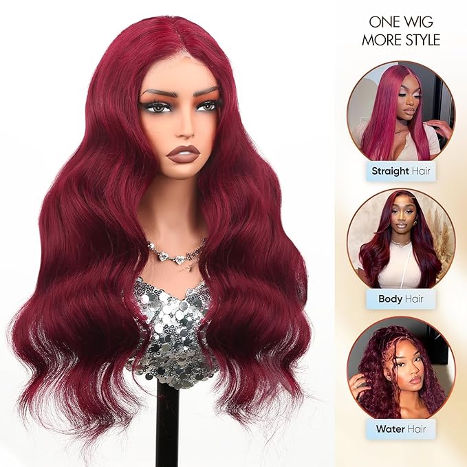 99j Burgundy Lace Front Wigs Human Hair,13x6 HD Body Wave Burgundy Lace Frontal Wigs Human Hair Pre Plucked with Baby Hair,210% Density Colored Wine Red Wig Human Hair for Women 20 Inch