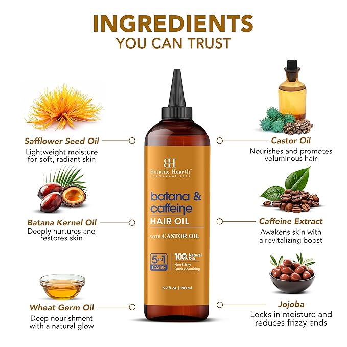 Botanic Hearth Caffeine & Batana Oil for Hair Growth Hair Oil (6.7 fl oz) | Revitalizing and Strengthening Hair Treatment for Fuller, Healthier-Looking Hair | Suitable for All Hair Types
