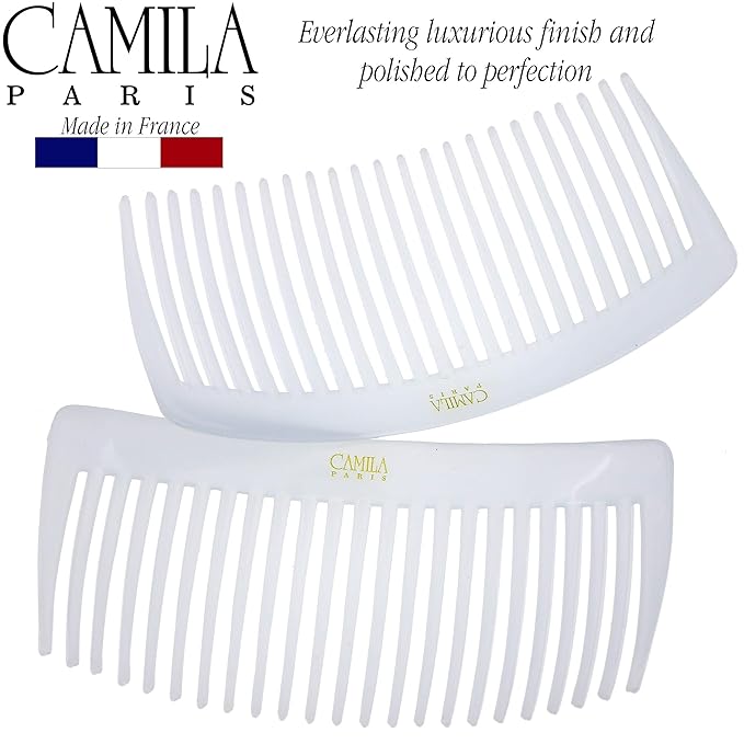 Camila Paris CP3024 French Side Combs Large Curved, White French Twist Hair Combs Decorative, Strong Hold Hair Clips for Women Bun Chignon Up-Do, No Slip Styling Girls Hair Accessories, Made in France