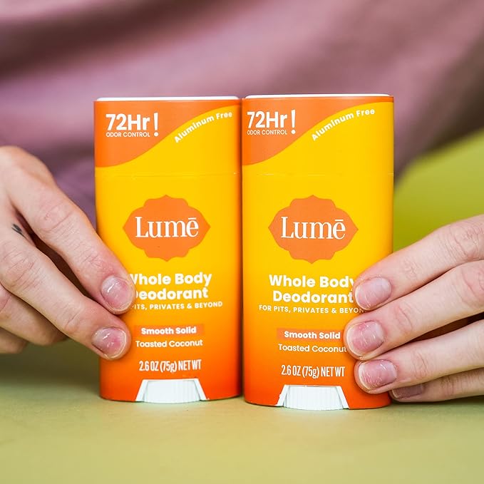 Lume Whole Body Deodorant - Smooth Solid Stick - 72 Hour Odor Control - Aluminum Free, Baking Soda Free and Skin Safe - 2.6 Ounce (Pack of 2) (Toasted Coconut)