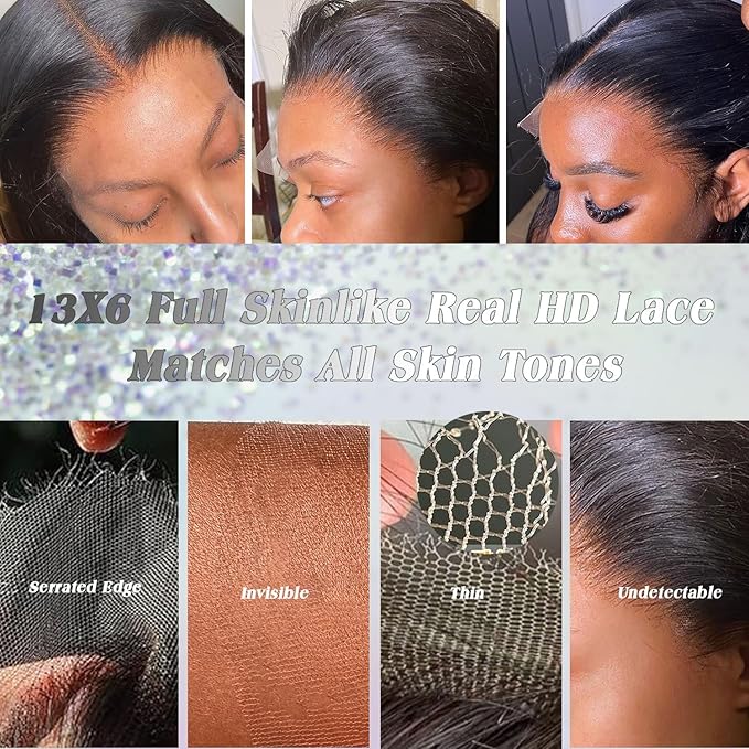 13x6 Full Frontal SKINLIKE Real HD Lace Wig, 0.10mm Ultra-thin Invisible HD Lace 200% Density Pre-Plucked Hairline Bleached Tiny Knots Swiss Lace Front Wigs Human Hair 28 Inch