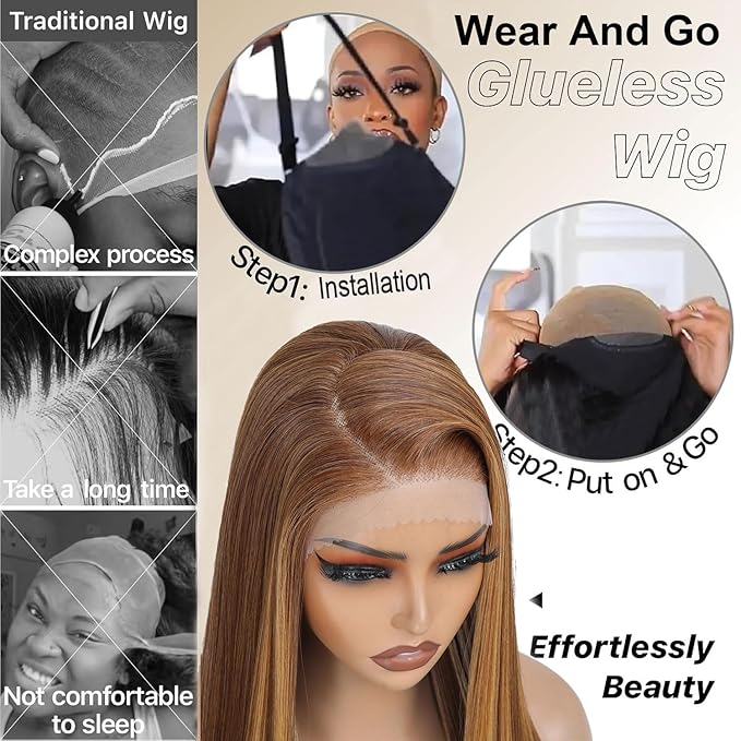 Honey Blonde Wig Glueless Wig 7x5 Synthetic Wig Highlight HD Lace Front Wig for Women Pre-Plucked Ready to Wear Wigs 26inch
