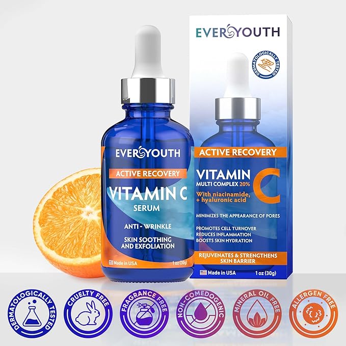 Vitamin C Serum for Face with Hyaluronic Acid, Niacinamide, Vitamin E, Collagen Peptides - Skin Brightening Solution for Wrinkles, Dark Spots, Fine Lines - Anti Aging Stem Cell Serum for Face - 1 oz