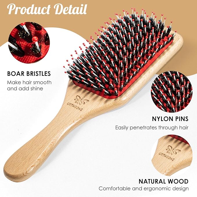 Hair Brush,Boar Bristle Hair Brushes and Hair Comb Set for Women Men Kids, Best Natural Wooden Paddle Hairbrush for Wet or Dry Hair