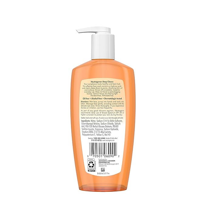 Neutrogena Deep Clean Daily Facial Cleanser with Beta Hydroxy Acid for Normal to Oily Skin, Alcohol-Free, Oil-Free & Non-Comedogenic, 6.7 fl. oz 6pk